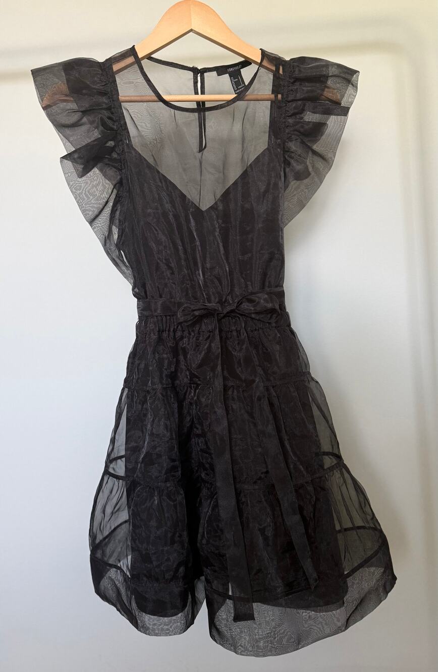 Forever 21 Black Sheer Organza Ruffle Tiered Mini Dress Size Small